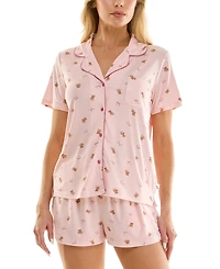 Sincerely Jules Women's Notch Collar Top and Pajama Shorts, 2-Piece Set
