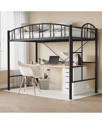 homfan Metal Loft Bed with Arched Guardrail and Ladder, Space-Saving Frame Steel Slats, No Box Spring Needed
