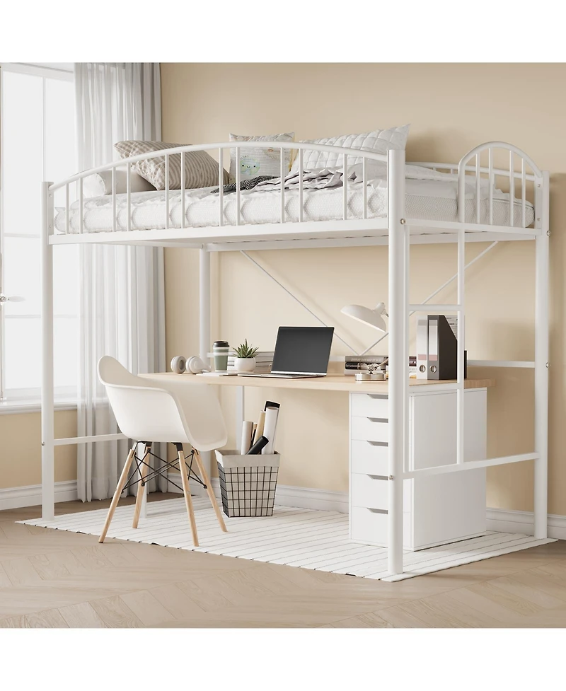 homfan Metal Loft Bed with Arched Guardrail and Ladder, Space-Saving Frame Steel Slats, No Box Spring Needed