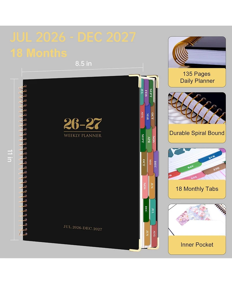 Gnuadz Planner 2026-2027 Weekly Monthly Hardcover 18 Months Tabs