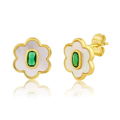 Simona Elegant Mother of Pearl and Green Cz Flower Stud Earrings