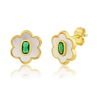 Simona Elegant Mother of Pearl and Green Cz Flower Stud Earrings