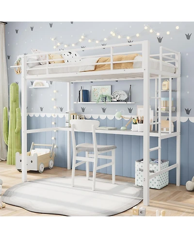 homfan Metal Twin Loft Bed with Desk and Storage Shelves, Space-Saving Frame Guardrails, Ladder Steel Slats