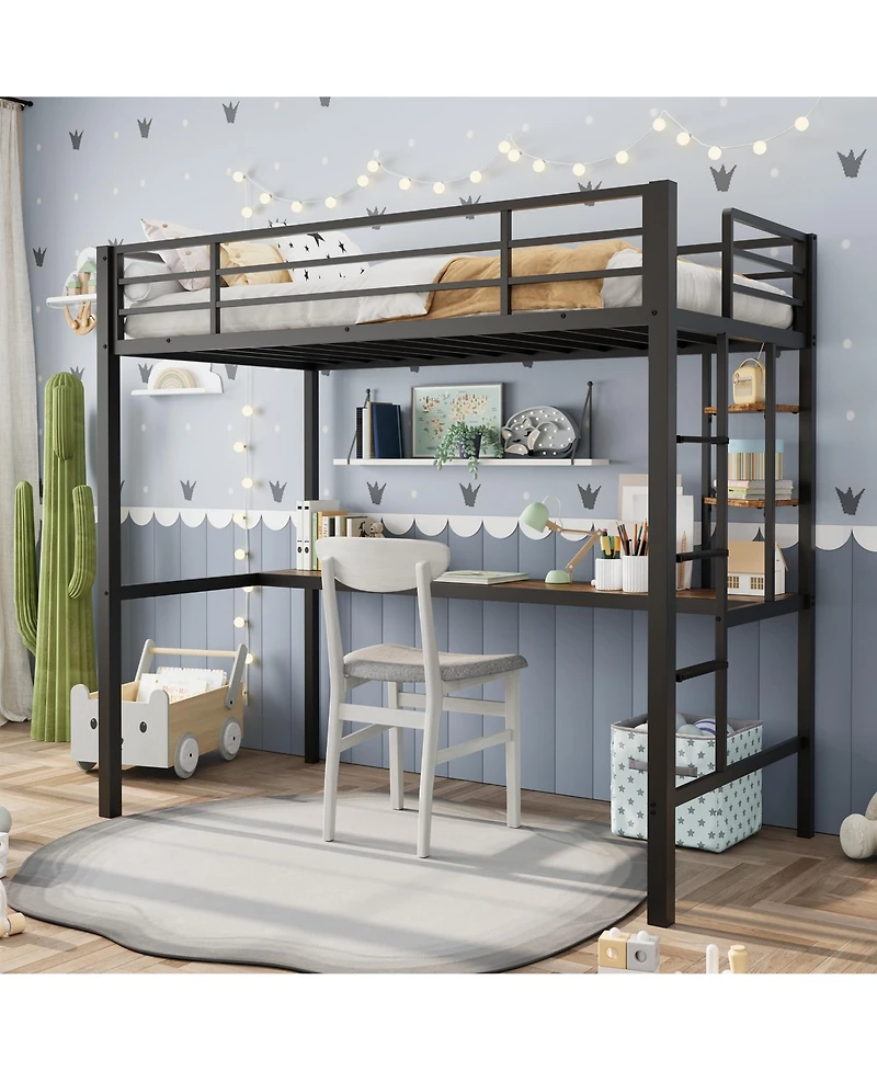 homfan Metal Twin Loft Bed with Desk and Storage Shelves, Space-Saving Frame Guardrails, Ladder Steel Slats
