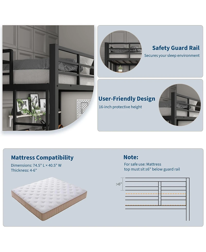 homfan Metal Twin Loft Bed with Desk and Storage Shelves, Space-Saving Frame Guardrails, Ladder Steel Slats