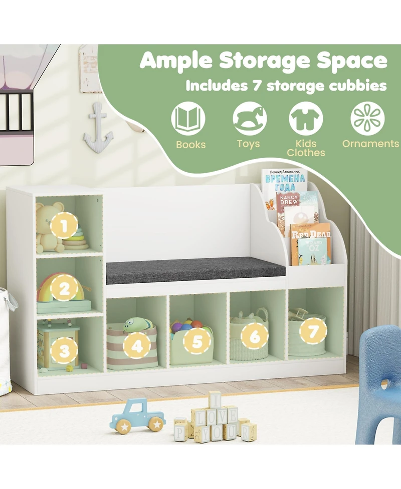 Gymax Wooden Kids Bookshelf w/Reading Nook Padded Seat Open Cubes Adjustable Shelf