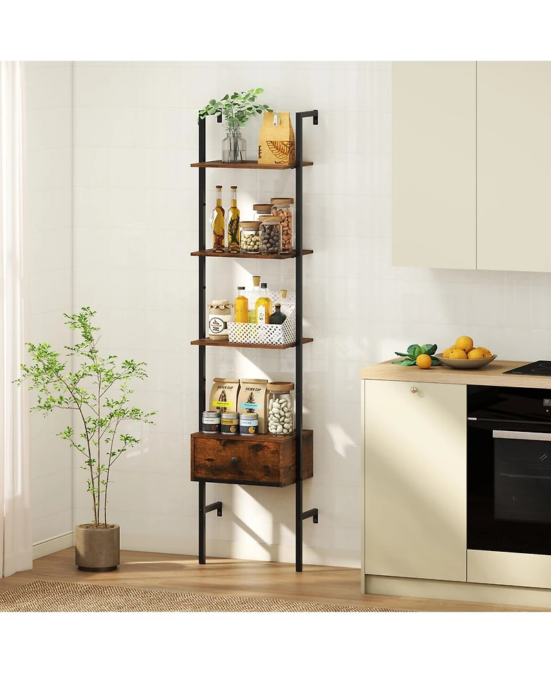 Gymax 2 Pcs 5-Tier Bookshelf w/ Drawer 70'' Wall Mount Ladder Bookcase w/ Metal Frame