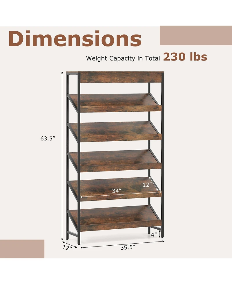 Gymax 6-Tier Bookshelf Industrial Tall Bookcase with Angled Shelves and Metal Frame