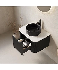 Sillysis Wall Mounted Bathroom Vanity with Sintered Stone Top, Ceramic Round Sink, Stripe Drawer