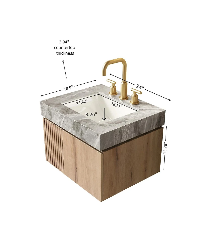 Sillysis Mounted Bathroom Vanity with Italian Sintered Stone Top, 3-Hole Ceramic Sink, Soft Close Storage Cabinet, Pre-assembled