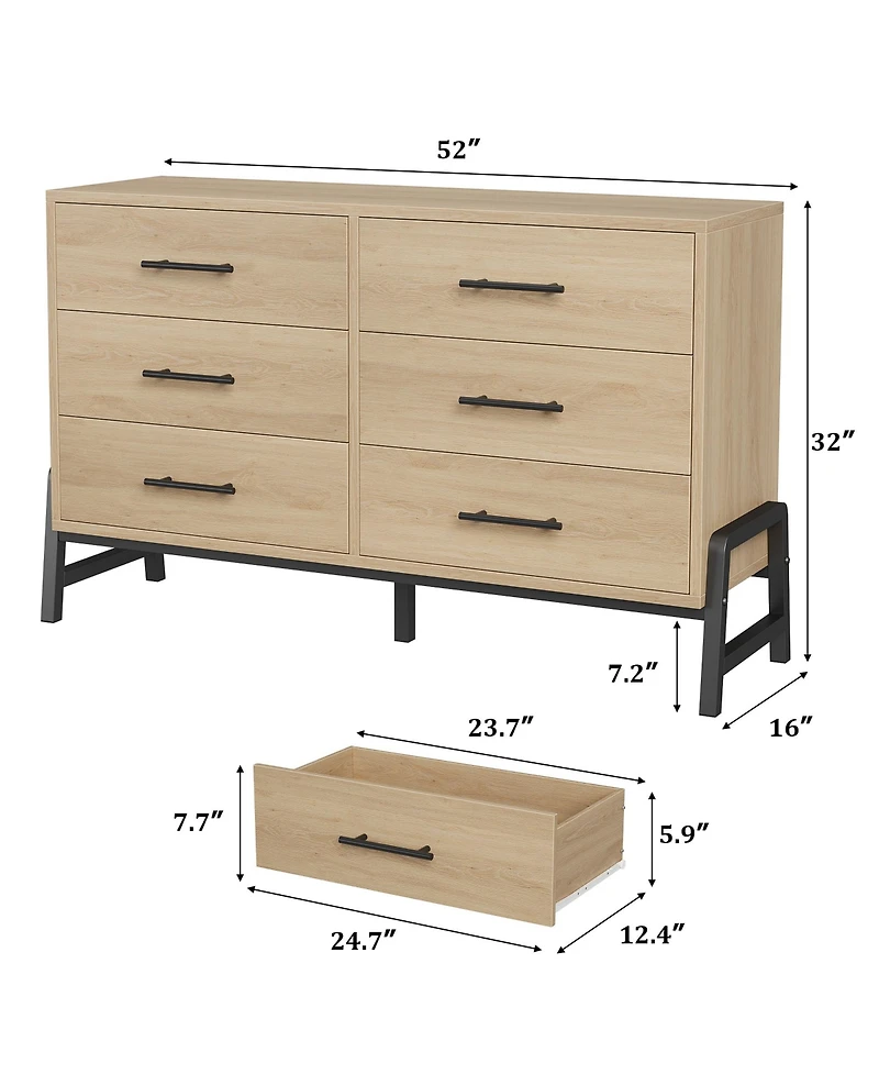 homfan 6 Dresser for Bedroom, 52" Wide Freestanding Wooden Closet Storage Chest Living Room, Entryway