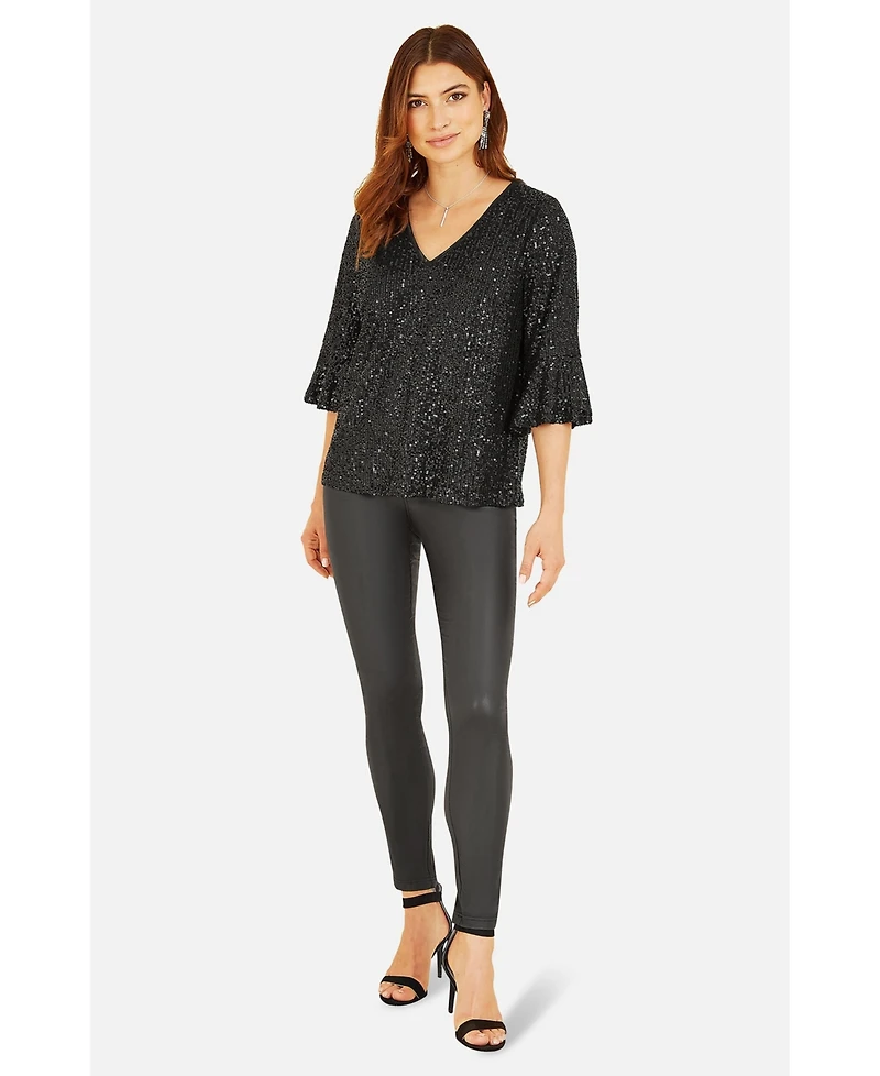 Yumi Women's Sequin V-Neck Fluted Sleeve Top