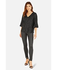 Yumi Women's Sequin V-Neck Fluted Sleeve Top