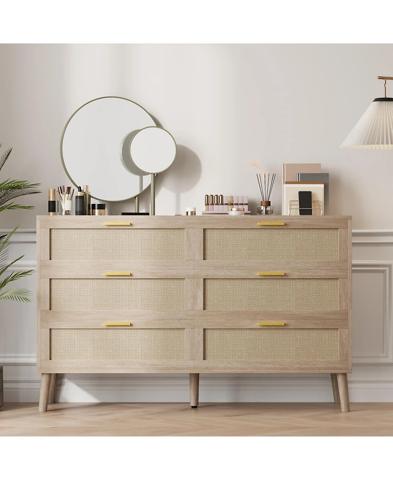 homfan 6 Drawer Dresser, 47 Inch Natural Rattan Chest of Drawer, Large Wooden Dresser with 5 Wood Legs, Farmhouse Dresser for Bedroom, Living Room
