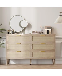 homfan 6 Drawer Dresser, 47 Inch Natural Rattan Chest of Drawer, Large Wooden Dresser with 5 Wood Legs, Farmhouse Dresser for Bedroom, Living Room