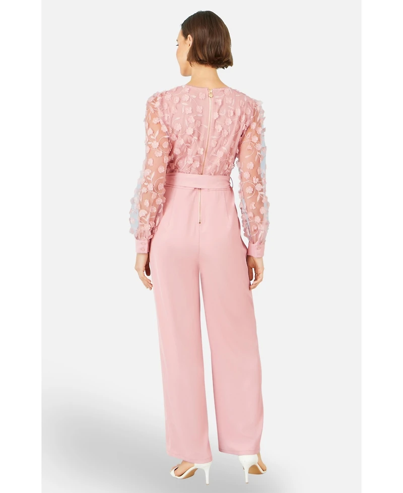 Yumi Women's Sash Waist Floral Applique Wrap Jumpsuit