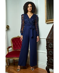 Yumi Women's Sash Waist Floral Applique Wrap Jumpsuit