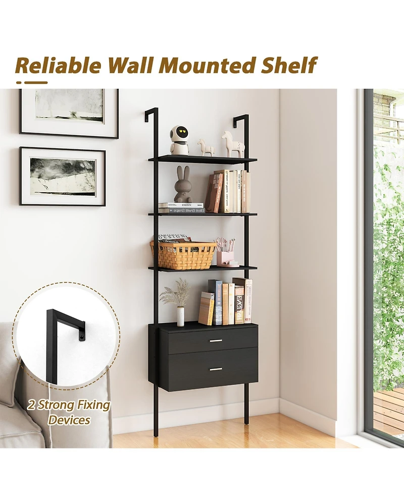 Gymax 2 Pcs Ladder Bookshelf With Storage Wall Mount Bookcase With 4 Open Shelves