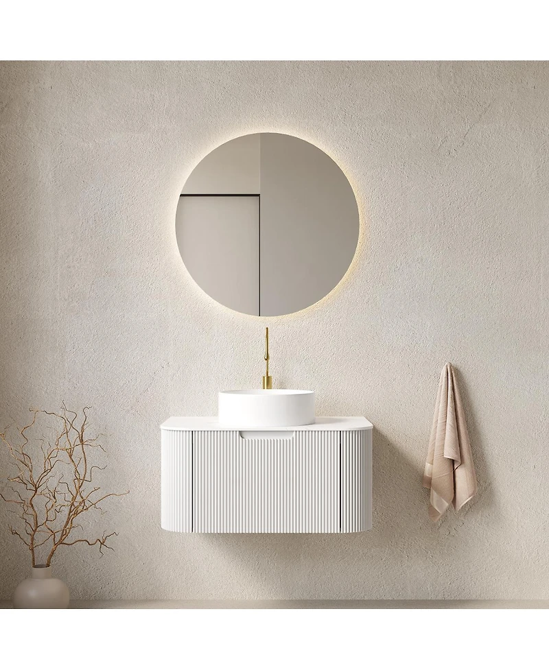 Sillysis Wall Mounted Bathroom Vanity with Sintered Stone Top, White Round Ceramic Sink, Striped Drawer
