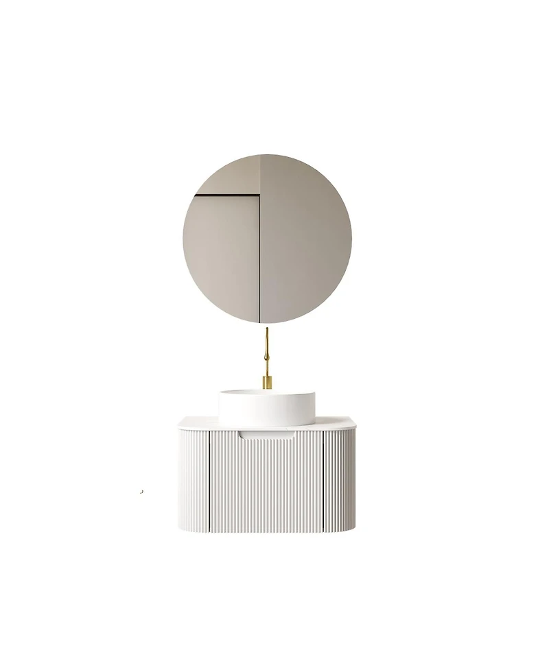 Sillysis Wall Mounted Bathroom Vanity with Sintered Stone Top, White Round Ceramic Sink, Striped Drawer