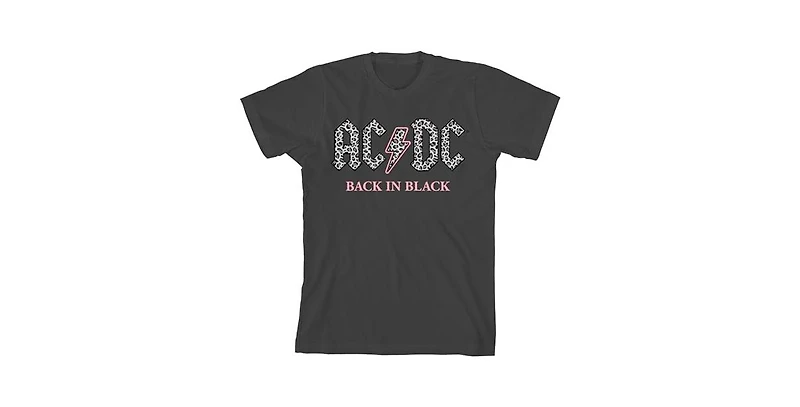 Ac/Dc Girls Back Black Gray Leopard Print Logo Crew Neck Short Sleeve