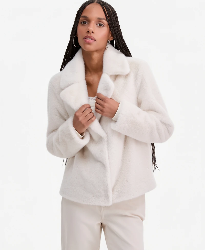 Cece Women's Faux-Fur Pearl Embellished Short Jacket