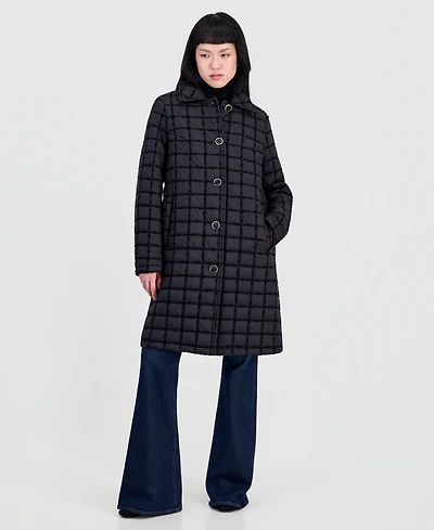 CeCe Women's Long Windowpane Quilted Coat