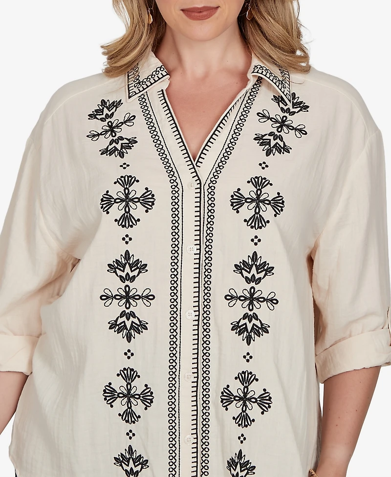 Ruby Rd. Plus Embroidered Gauze Button Front Top