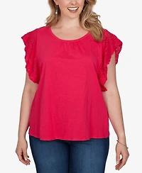 Ruby Rd. Plus Crochet Sleeve Solid Cotton T-Shirt