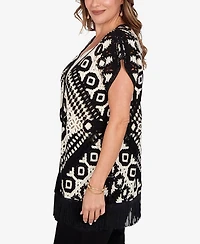Ruby Rd. Plus Size Medallion Crochet Fringe Sleeveless Cardigan
