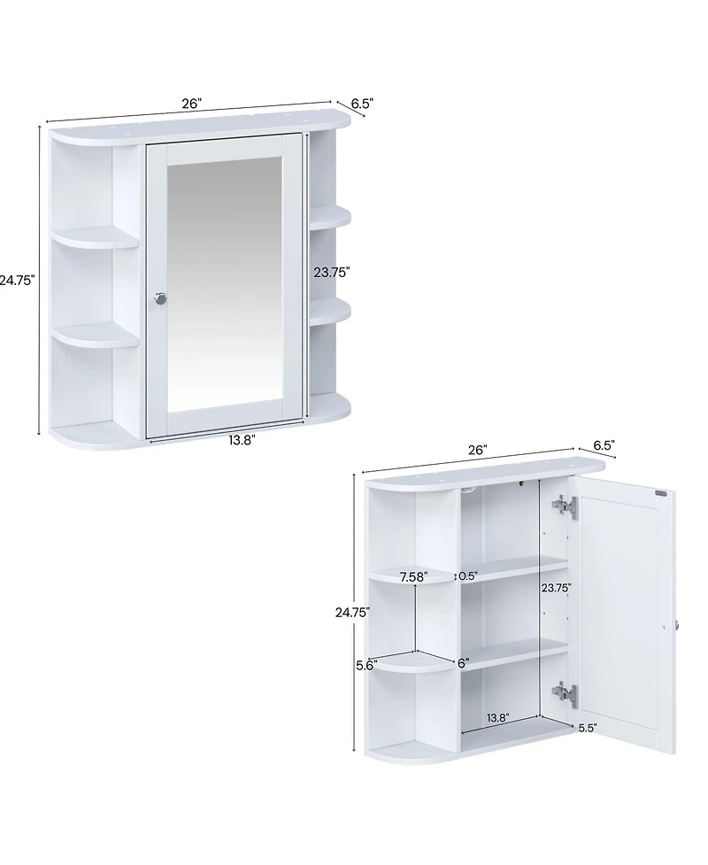 Busdays Bathroom Wall Storage Cabinet with Mirror Medicine Cabinet Adjustable Wood Shelf and Doors Mounted Storage with 6 Open Shelves
