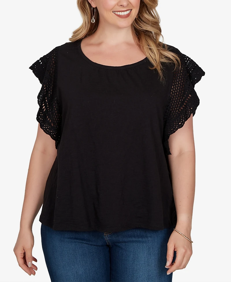 Ruby Rd. Plus Size Crochet Sleeve Solid Cotton T-Shirt
