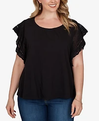 Ruby Rd. Plus Size Crochet Sleeve Solid Cotton T-Shirt