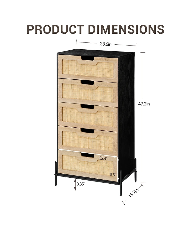 homfan Farmhouse 5-Drawer Rattan Dresser, Tall Storage Chest with Metal Legs and Wood Top for Multi-Room Use