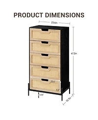 homfan Farmhouse 5-Drawer Rattan Dresser, Tall Storage Chest with Metal Legs and Wood Top for Multi-Room Use