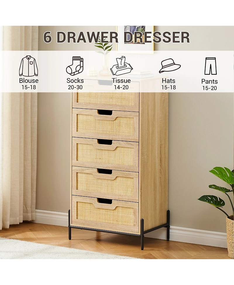 homfan Farmhouse 5-Drawer Rattan Dresser, Tall Storage Chest with Metal Legs and Wood Top for Multi-Room Use