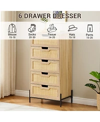 homfan Farmhouse 5-Drawer Rattan Dresser, Tall Storage Chest with Metal Legs and Wood Top for Multi-Room Use