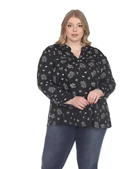 White Mark Plus Printed Long-Sleeve Button-Front Top