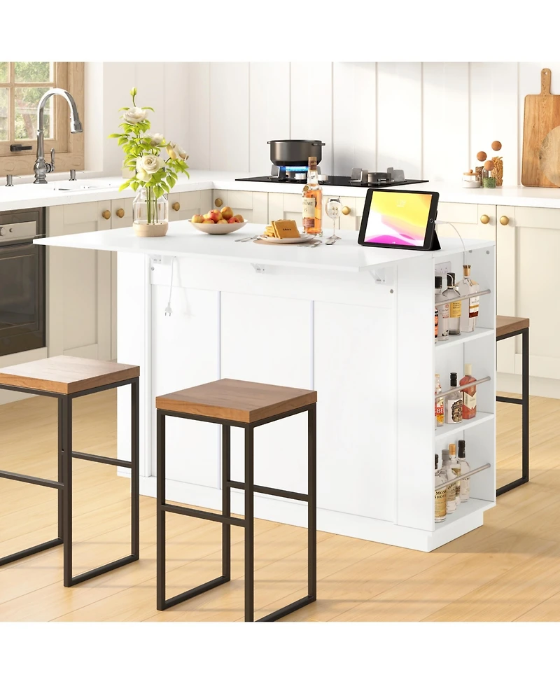flynama 47.2" Kitchen Island with Drop Leaf and Power Outlet - Wine Bar Cabinet with Storage Shelves