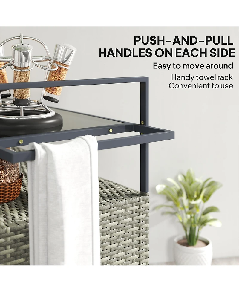 flynama Wicker Outdoor Bar Cart with 2-Tier Shelf and Cabinet