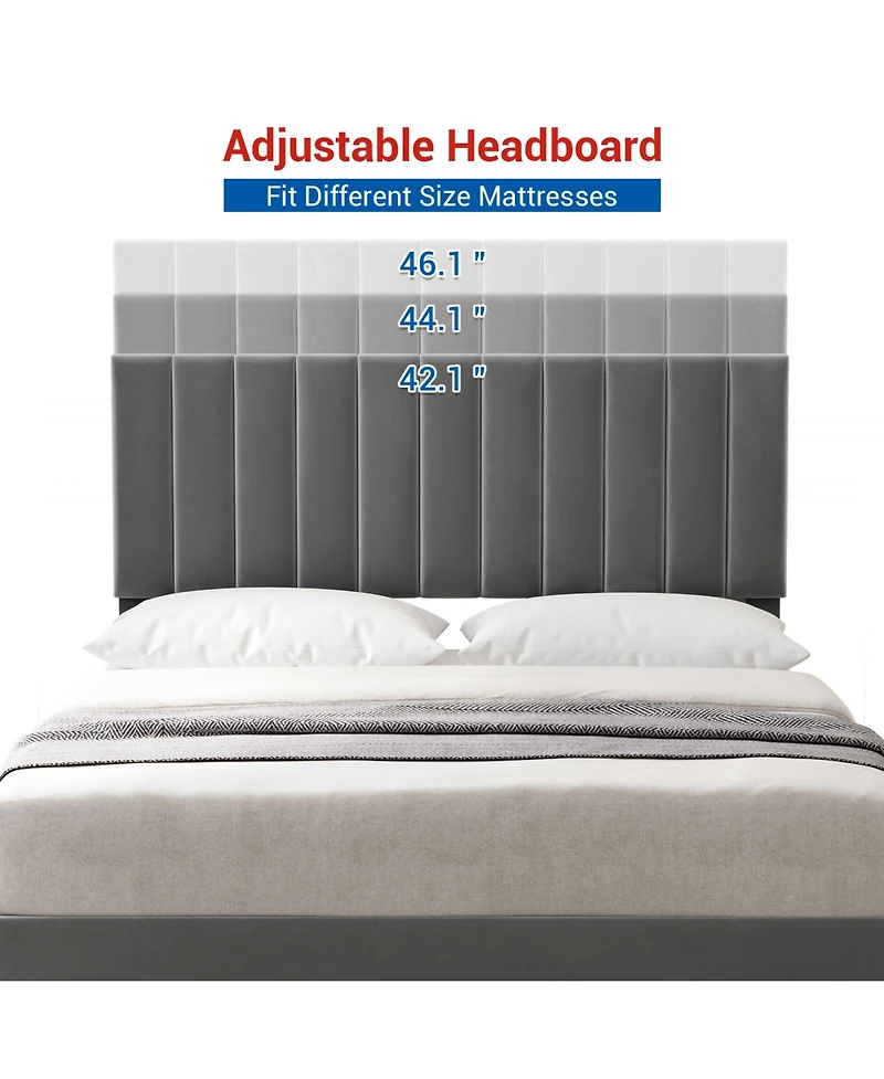 homfan Velvet Upholstered Platform Bed Frame with Adjustable Vertical Channel Headboard, Wooden Slats and No Box Spring Needed