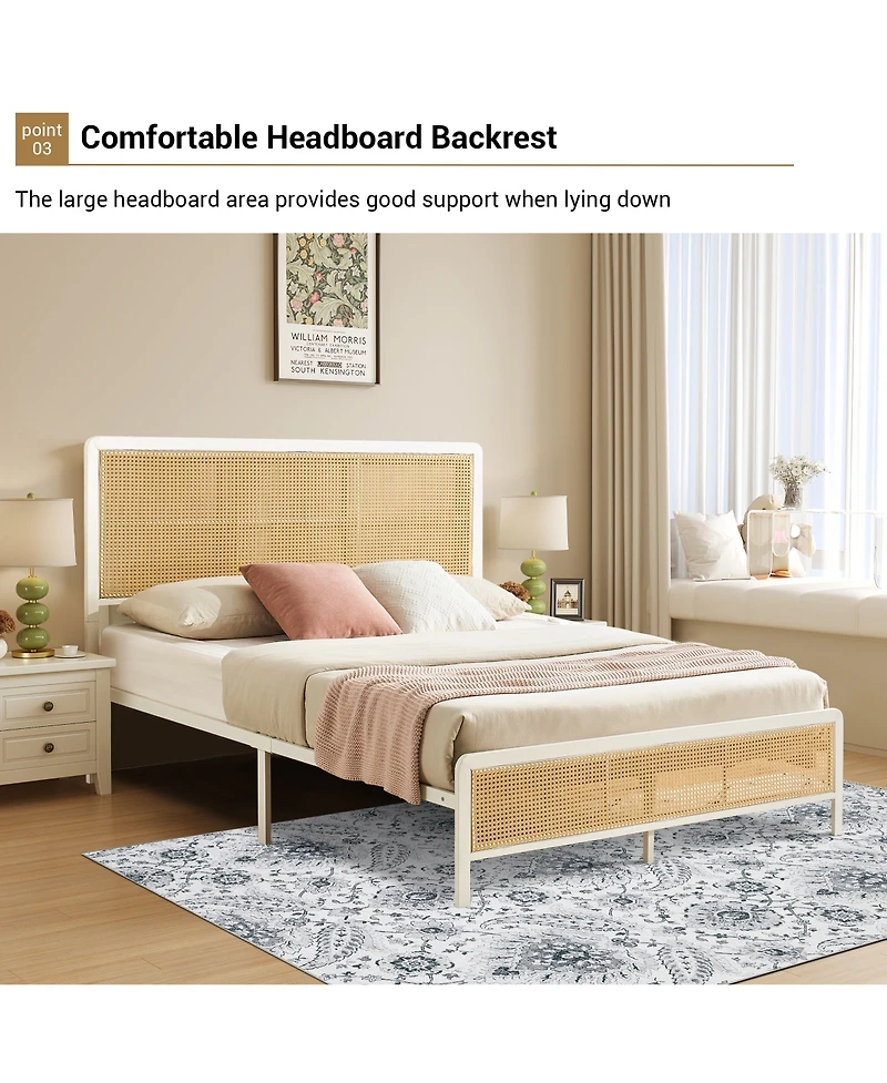homfan Queen Size Bed Frame with Rattan Headboard, Modern Platform Bed, Heavy Duty Bed Frame With Metal Slat Support