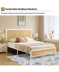 homfan Queen Size Bed Frame with Rattan Headboard, Modern Platform Bed, Heavy Duty Bed Frame With Metal Slat Support