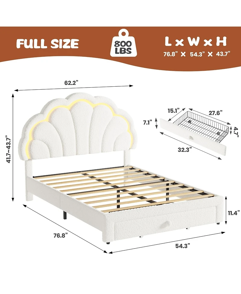 homfan Upholstered Platform Bed Frame with Led Petal Headboard and Storage Drawer, Kids Wood Slat Support