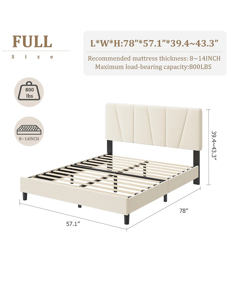 homfan Linen Upholstered Platform Bed Frame with 3-Level Adjustable Headboard, Wood Slat Support, Quiet Design