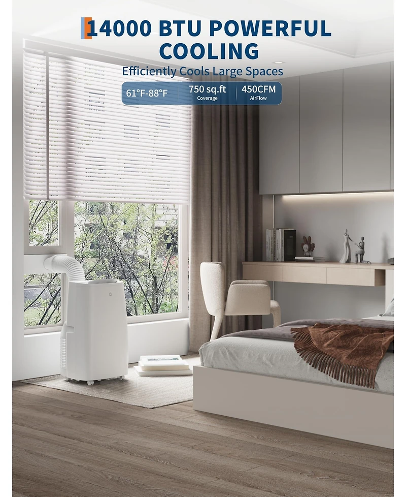 Xo 14,000 Btu Portable Ac, 3-in-1 Cooling, Fan and Dehumidifier, Sleep Mode, Led Display, Remote, Handles and Wheels