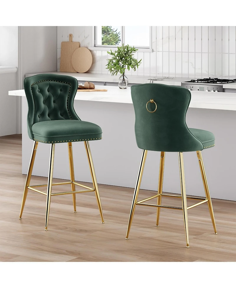 Rainsken Bar Stools Set of 2, Velvet Counter, Button Tufted and Nailheads Trim, with Metal Legs, for Kitchen Island Dining Room Pub
