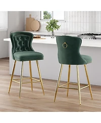 Rainsken Bar Stools Set of 2, Velvet Counter, Button Tufted and Nailheads Trim, with Metal Legs, for Kitchen Island Dining Room Pub