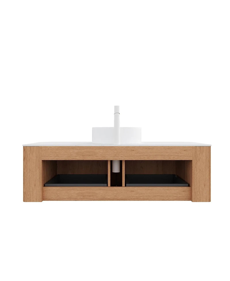 Sillysis Wall Mounted Bathroom Vanity with Sintered Stone Top, Ceramic Vessel Sink, 3D Wood Grain Drawer, Pre-assembled