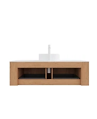 Sillysis Wall Mounted Bathroom Vanity with Sintered Stone Top, Ceramic Vessel Sink, 3D Wood Grain Drawer, Pre-assembled